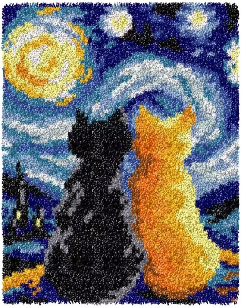GLAECYY Latch Hook Kits Rug Crochet Yarn Kit Cushion Colour Pre-Printed Canvas Rug Needlework DIY Hook and Latch Kit (Star Cat) - Image 1